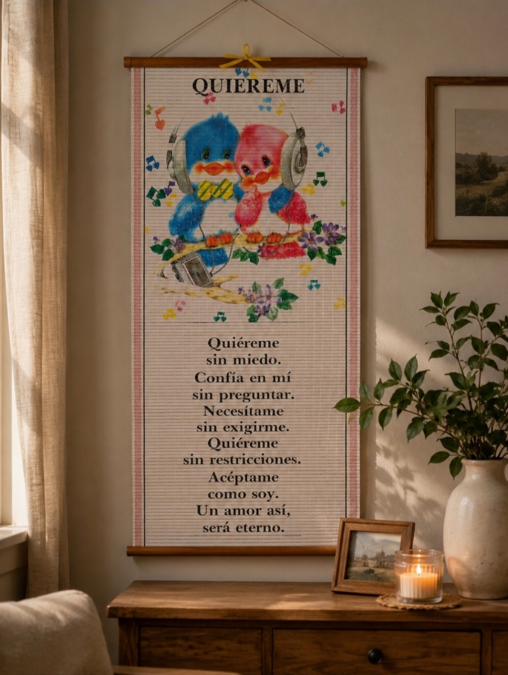 Quiereme Wall Hanging with Blue and Pink Cartoon Birds